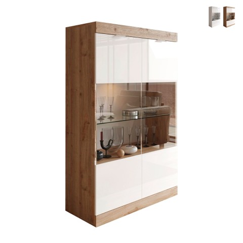 Modern glossy white living room display cabinet with 2 glass doors in oak Remi Promotion