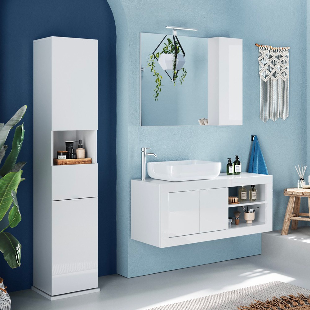 Tilda White Rotating Bathroom Cabinet with Mirror Door and Drawer