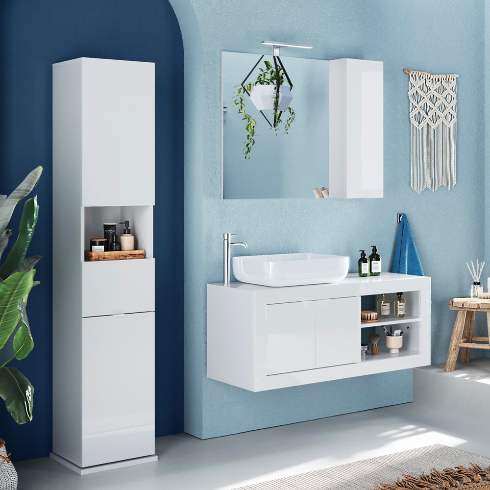 White swivel bathroom column with mirror door and drawer Tilda