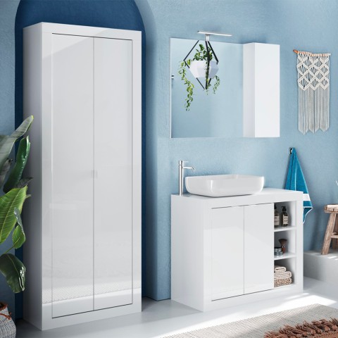 2-door glossy white multi-purpose bathroom cabinet 70x35x188cm Jude. Promotion