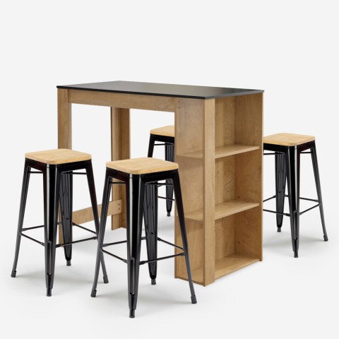 high wooden table set 120x60cm 4 black bar stools syracuse Promotion