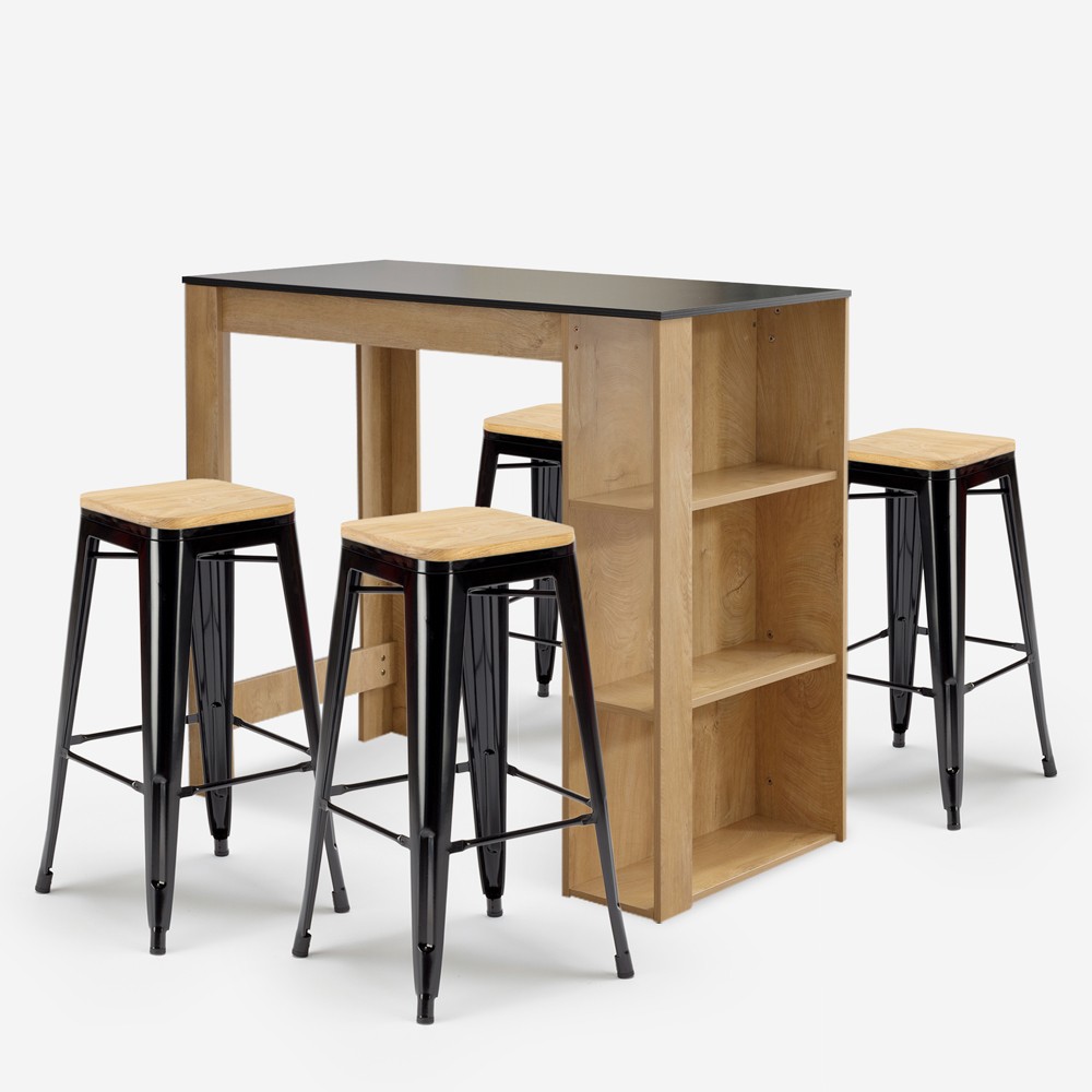 high wooden table set 120x60cm 4 black Lix bar stools syracuse