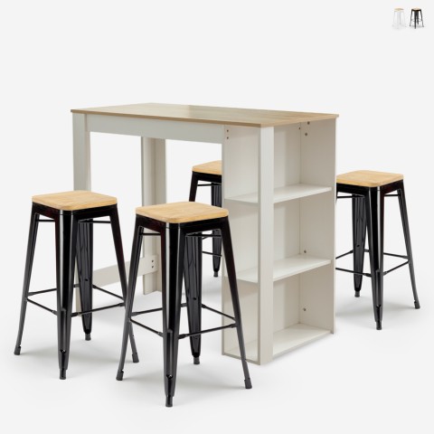 set 4 high stools for kitchen bar table 120x60cm white wood galles. Promotion