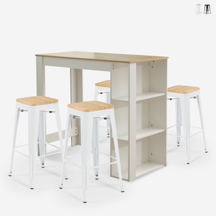 Set of 4 Bar Stools for Kitchen with High Table 120x60cm White Galles Wood On Sale