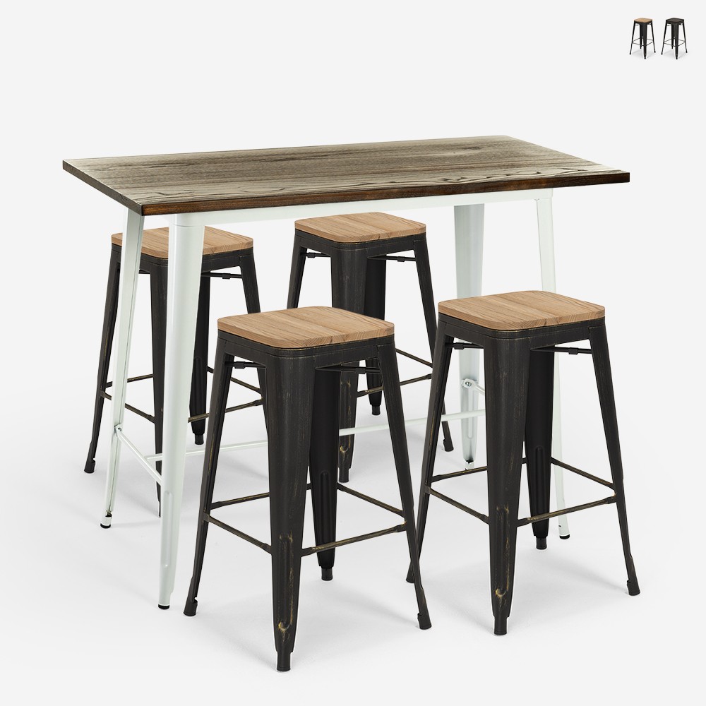 White High Bar Table Set with 4 Industrial Stools 120x60 Navarro