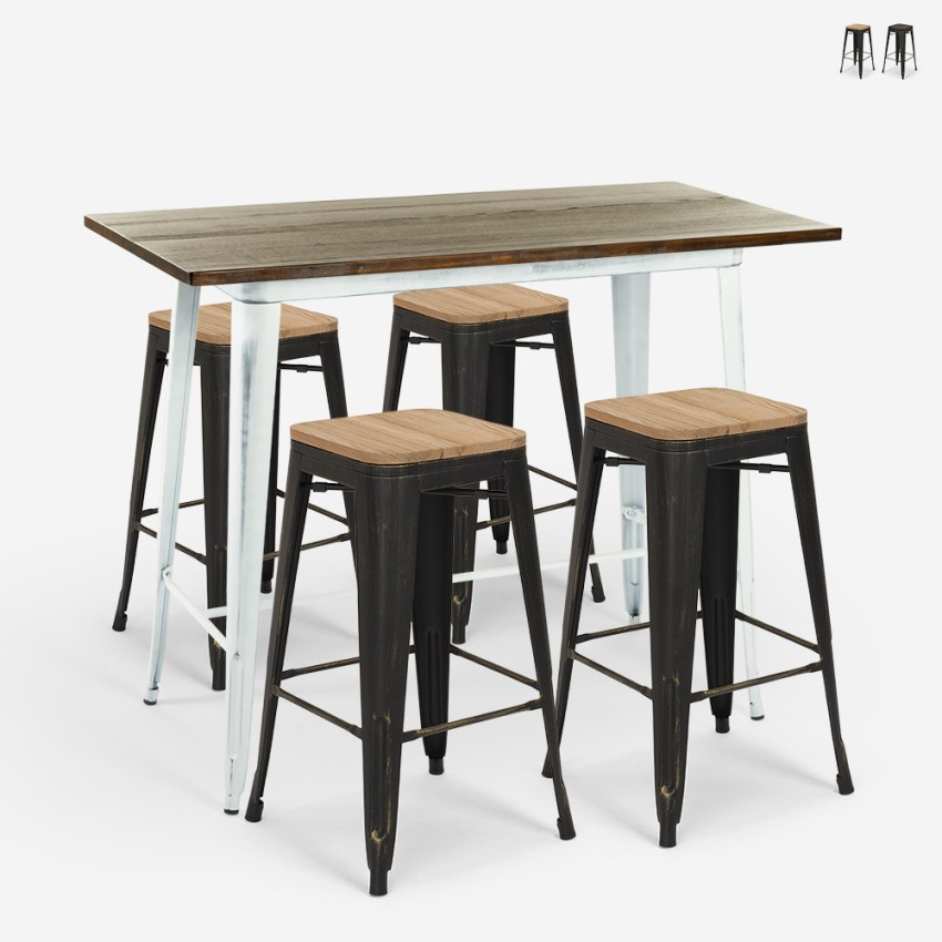 Swanton Vintage White Bar Table Set 120x60 with 4 Tall Stools Promotion