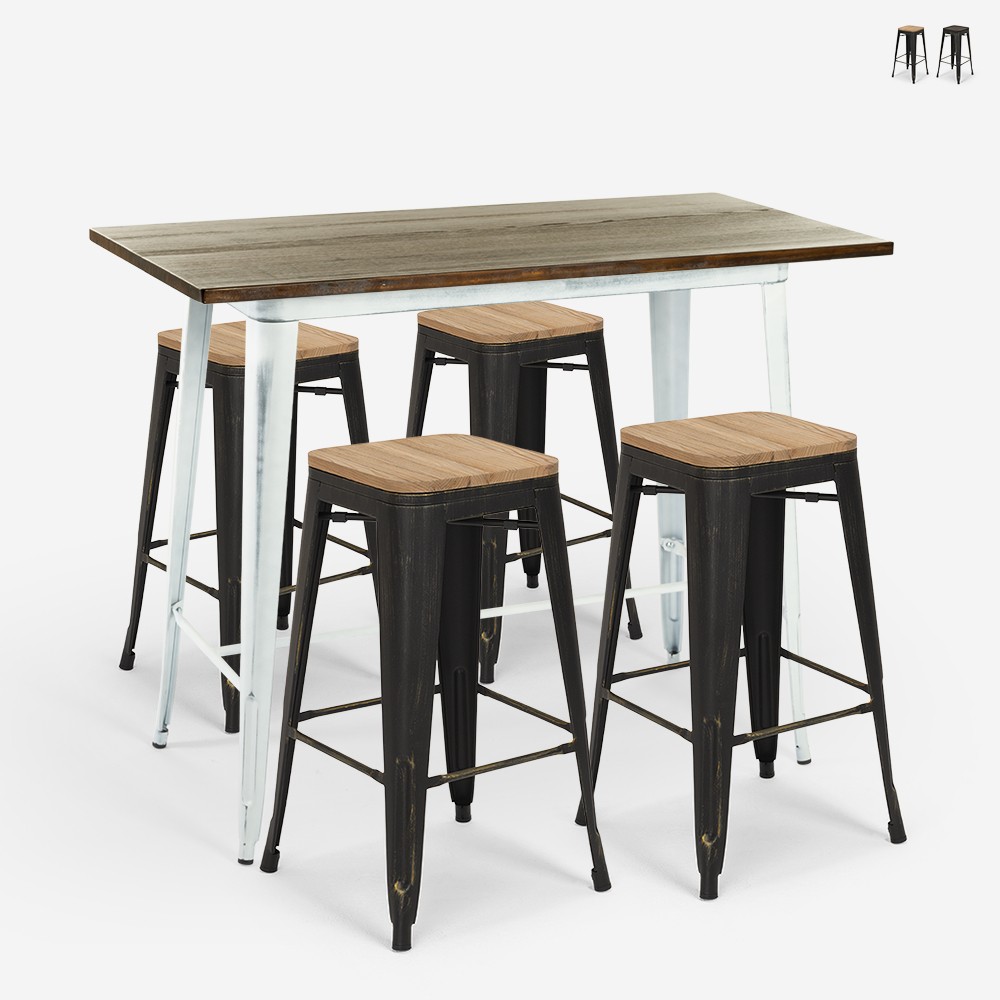 Swanton Vintage White Bar Table Set 120x60 with 4 Tall Stools