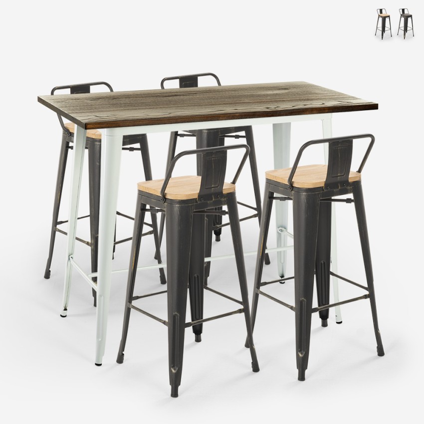 White Industrial High Table Set with 4 Palmyra Backrest Bar Stools Promotion