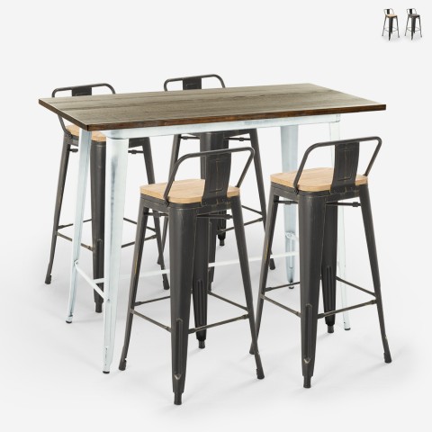 White high bar table set with 4 Tolix metal stools with backrest - Belcourt. Promotion