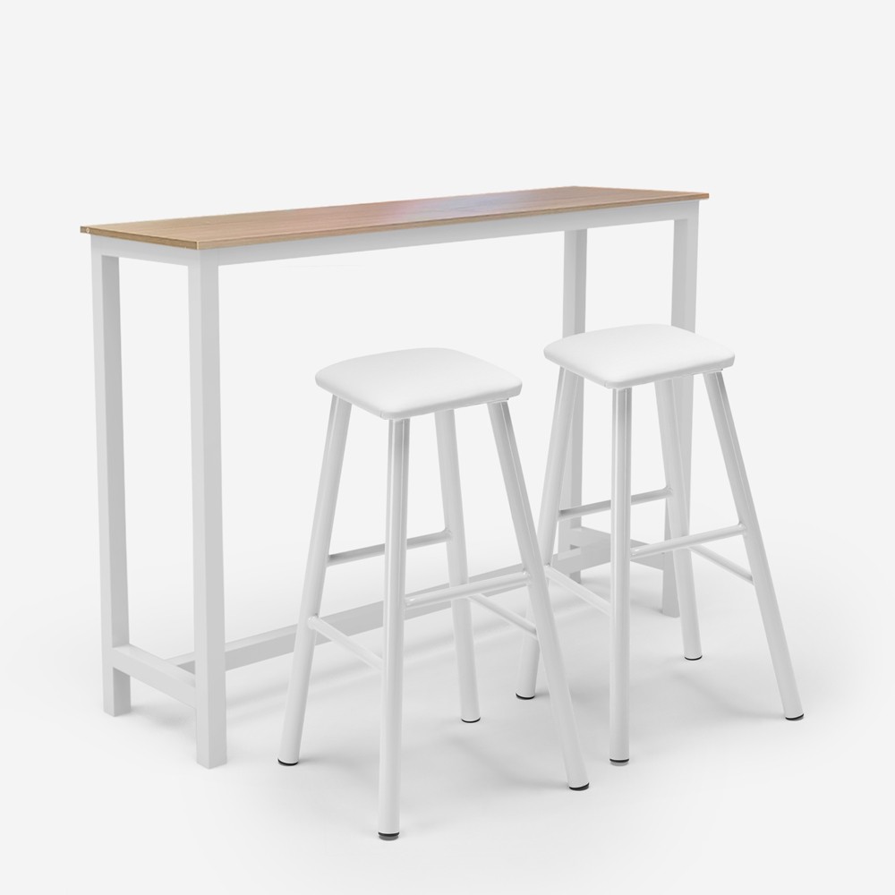Set of 2 White Upholstered Bar Stools and Quincy High Table with Wood and Metal
