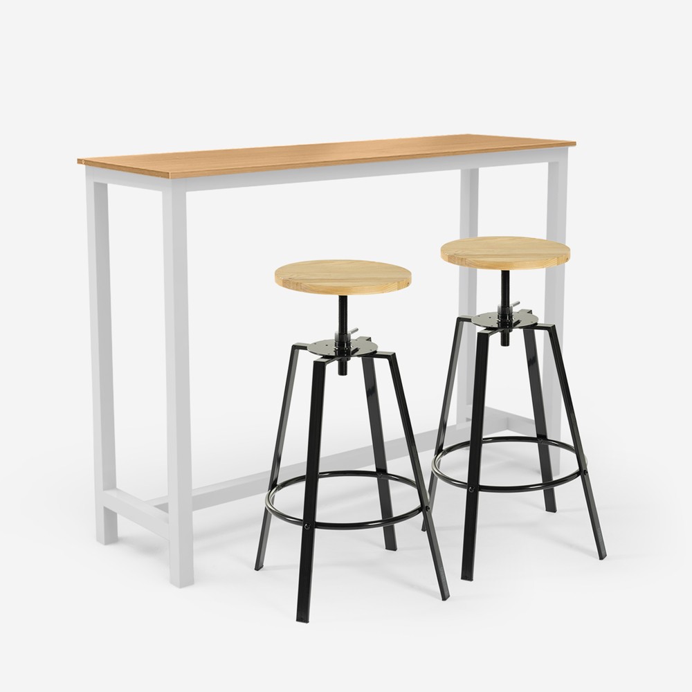White High Table Set with 2 Creswell Swivel Bar Stools, Wood, 140x40cm