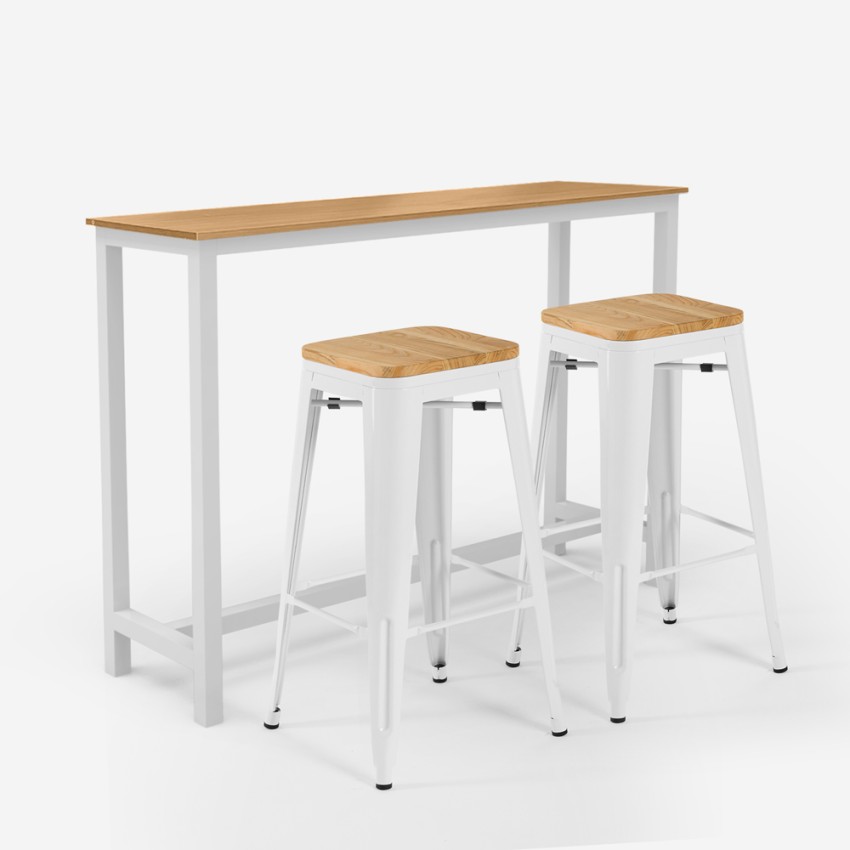 trenton high industrial table set with 2 white wooden bar stools