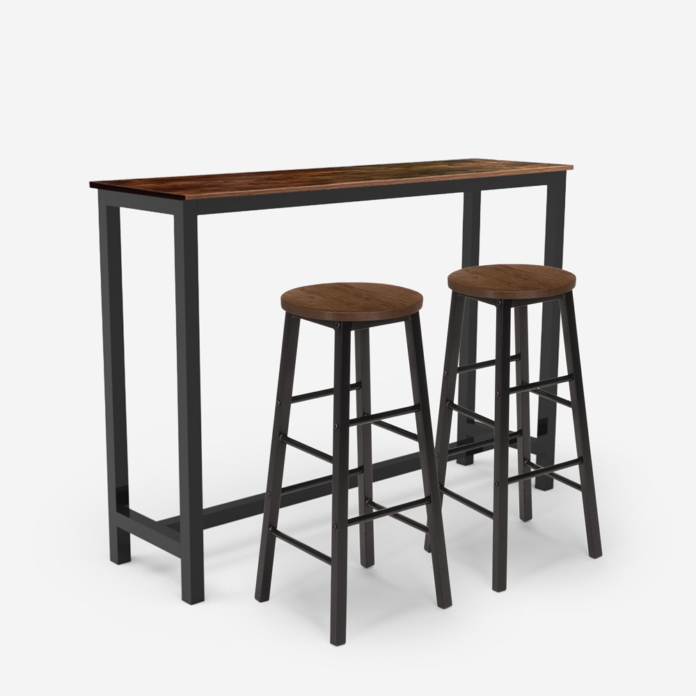 Set of 2 Industrial Bar Stools, Wood and Metal, High Table 140x40, Pinetown