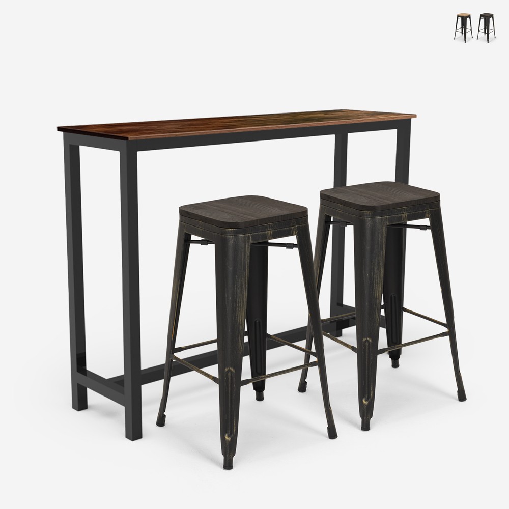Industrial Kitchen High Table Set 140x40 with 2 Bar Stools, Oakwood