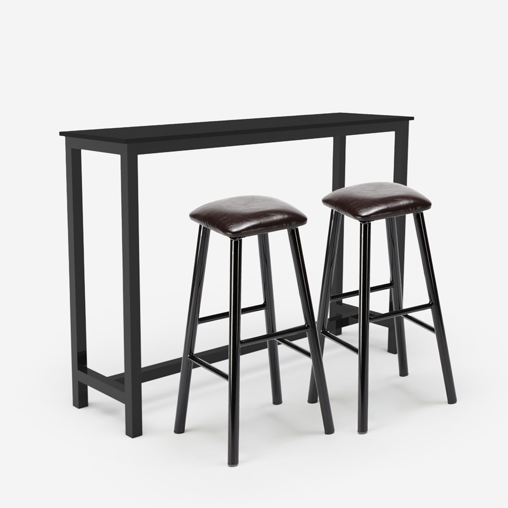 Black High Dining Table Set with 2 Padded Faux Leather Bar Stools Spickard
