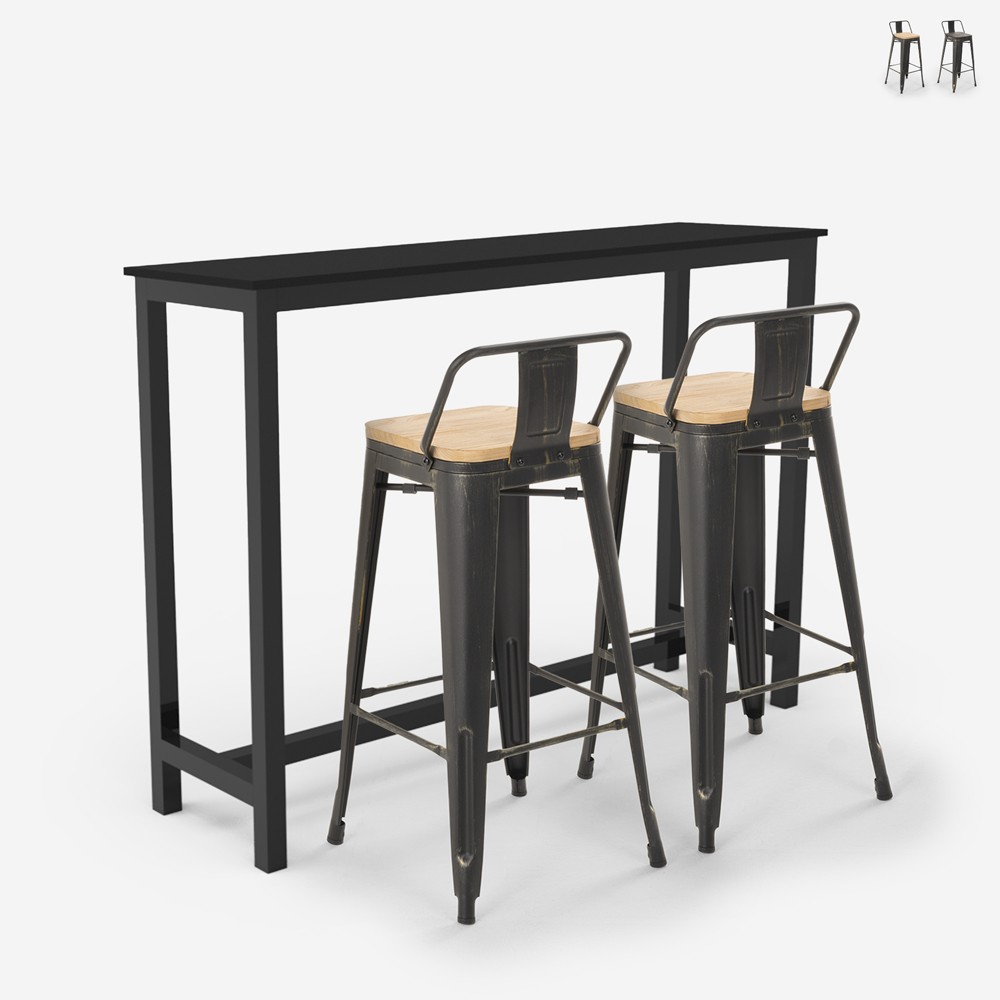 Set of 2 Rexford Black Industrial Bar Stools with Backrest
