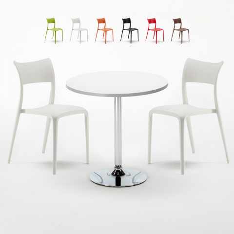 Long Island Set Made of a 70cm White Round Table and 2 Colourful Parisienne Chairs