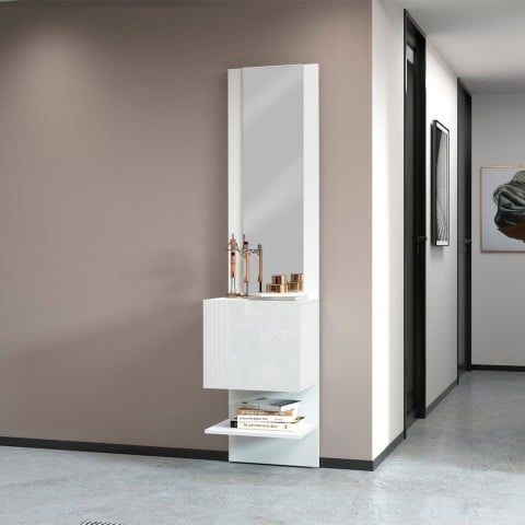 Glossy white entrance wall shoe cabinet with 1 door and mirror Karin Promotion