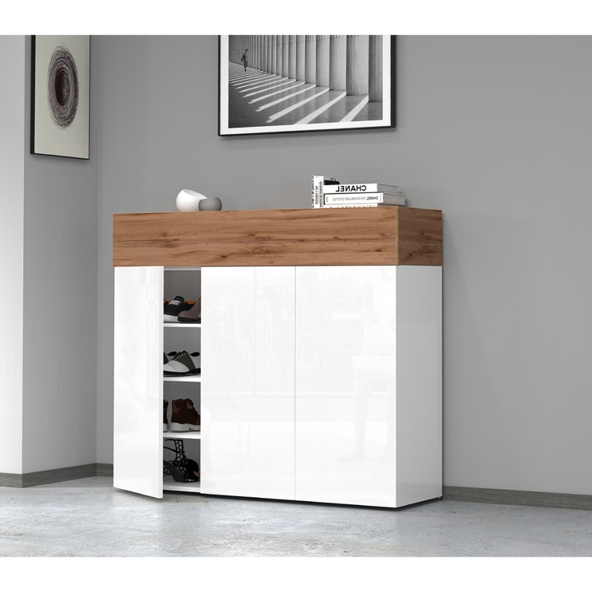 Chelsea shoe cabinet 4 doors modern glossy white oak 140x35x111cm