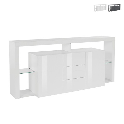 Modern living room sideboard 3 drawers 2 doors glass shelves 180cm Quebo Promotion