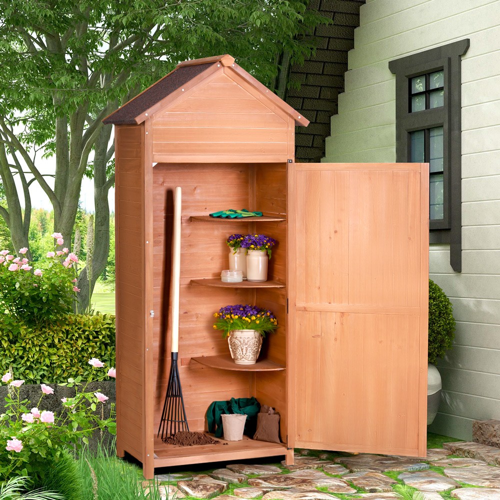Wooden Outdoor Storage Shed with Shelves, 3-Tier Scoter