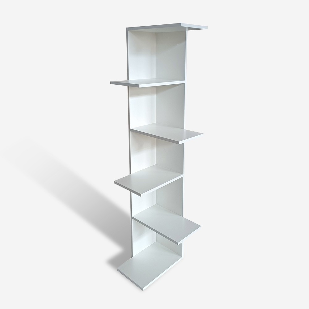 Modern white tall corner bookcase 142cm high with 5 shelves for living room Bekas