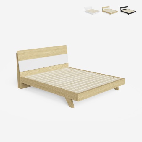 Modern wooden design double bed 160x190cm slatted headboard Landeck Promotion