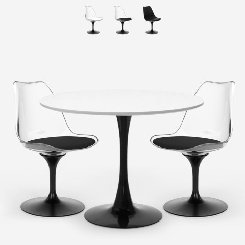 Round Tulipan table set 80cm with 2 white and black Crayon polycarbonate chairs. Promotion