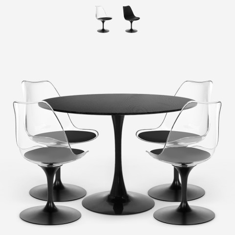 Round Table Set 120cm Black 4 Tulip Style Clear Almat+ Chairs Promotion