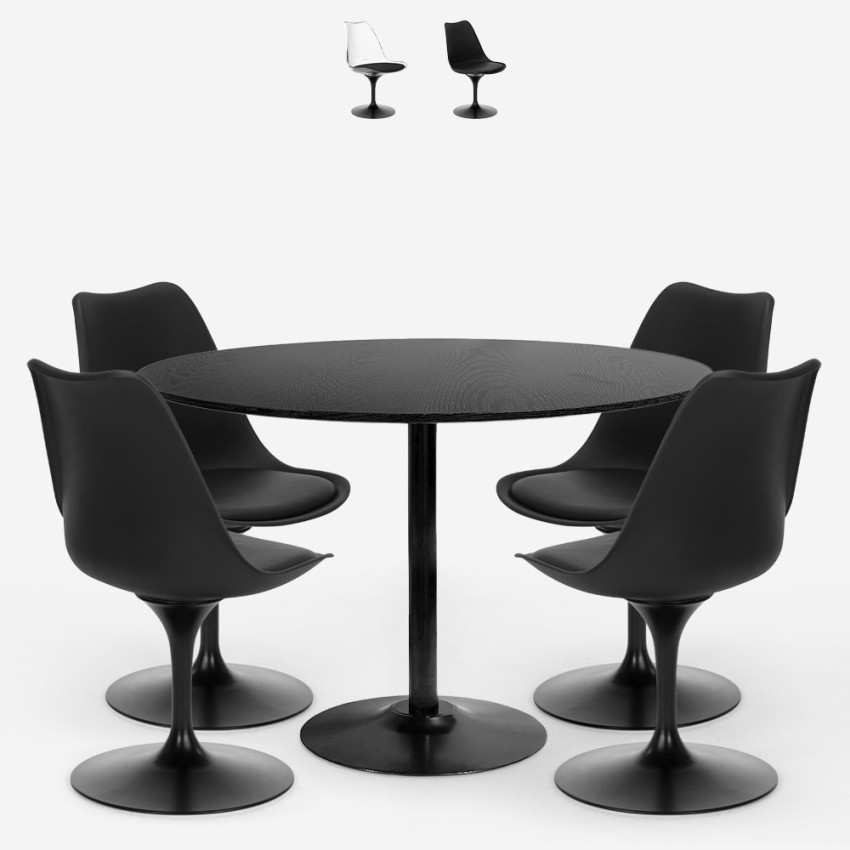 Set of 4 black polycarbonate chairs + round Tulipan 120cm kitchen table Haki+ On Sale