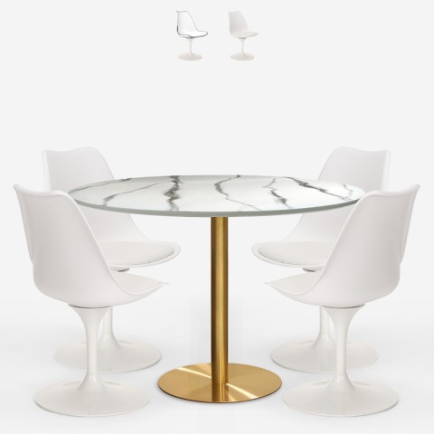 White marble effect Tulipan dining set 120cm with gold accents, including 4 Vixan+ chairs. Promotion