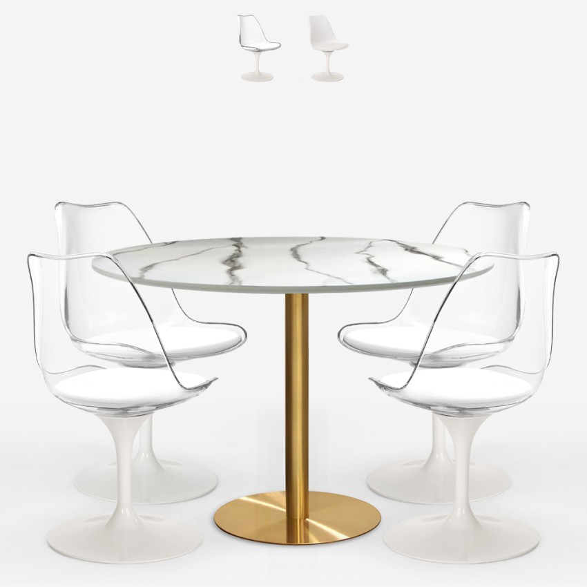White marble effect Tulipan dining set 120cm with gold accents, including 4 Vixan+ chairs. On Sale