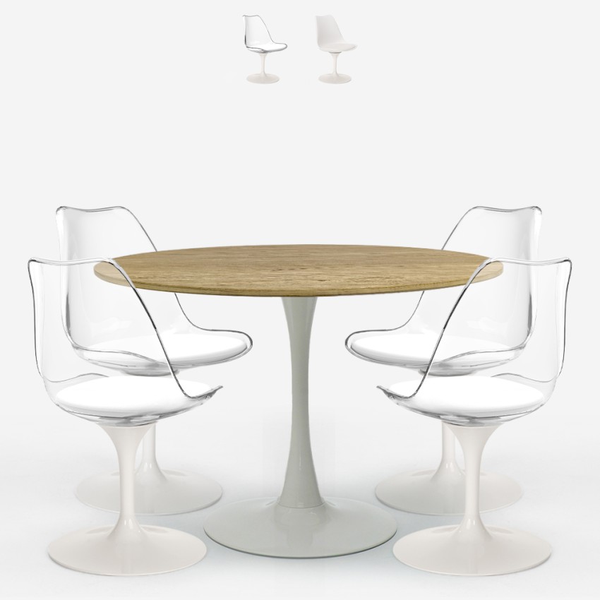 Set 4 transparent white chairs Tulipan wooden round table 120cm Meis+ Promotion