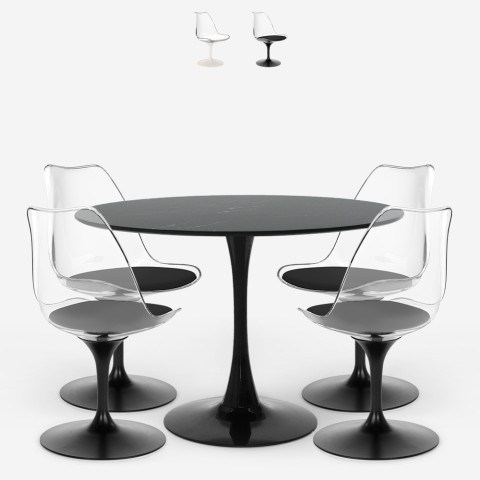 Set of 4 Tulip chairs, round table 120cm, white black marble effect, Liwat+. Promotion
