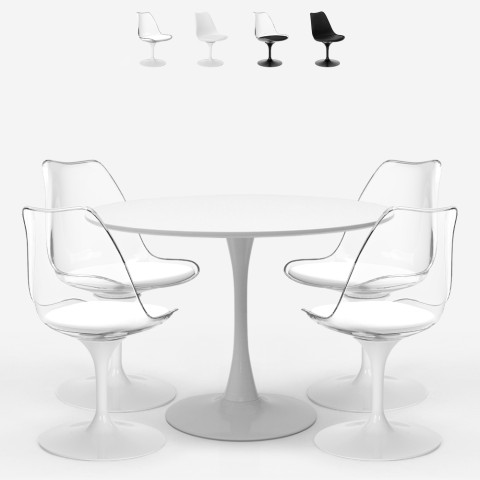 Set of 4 chairs white black transparent Tulipan round table 100cm Yallam. Promotion