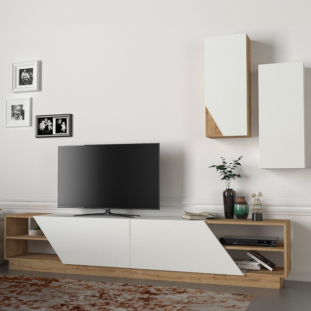 River TV Wall Unit with 2 Doors and 2 Floating Cabinets in White Wood