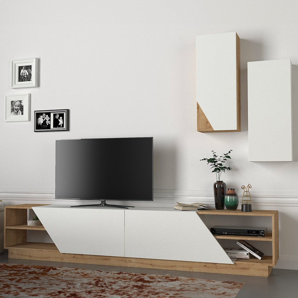 TV cabinet with 2 doors, 2 suspended wall units, white wooden River