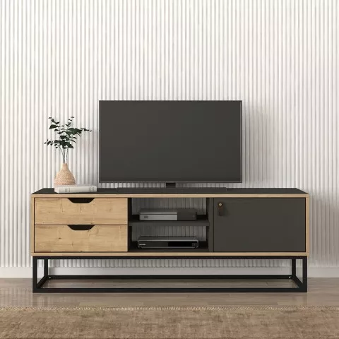 Mobile TV stand industrial style wood black metal 2 drawers Dolores Promotion