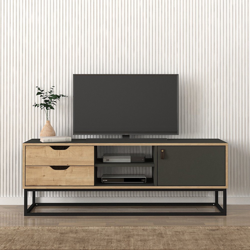Mobile TV stand industrial style wood black metal 2 drawers Dolores
