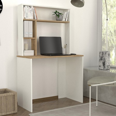 Office Desk 90x45x148cm White Wood with Bookcase Shelves Ester Promotion