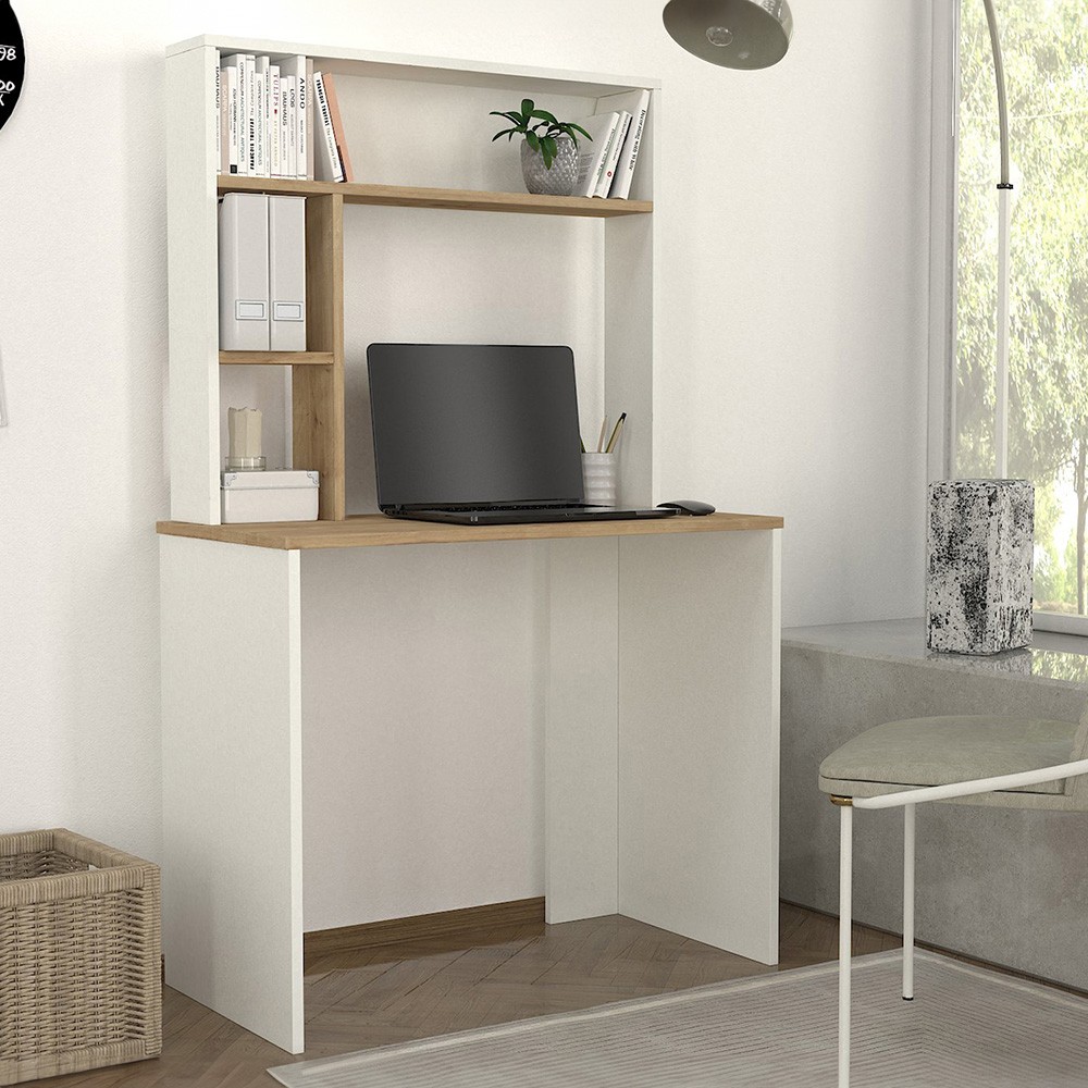 Office Desk 90x45x148cm White Wood with Bookcase Shelves Ester