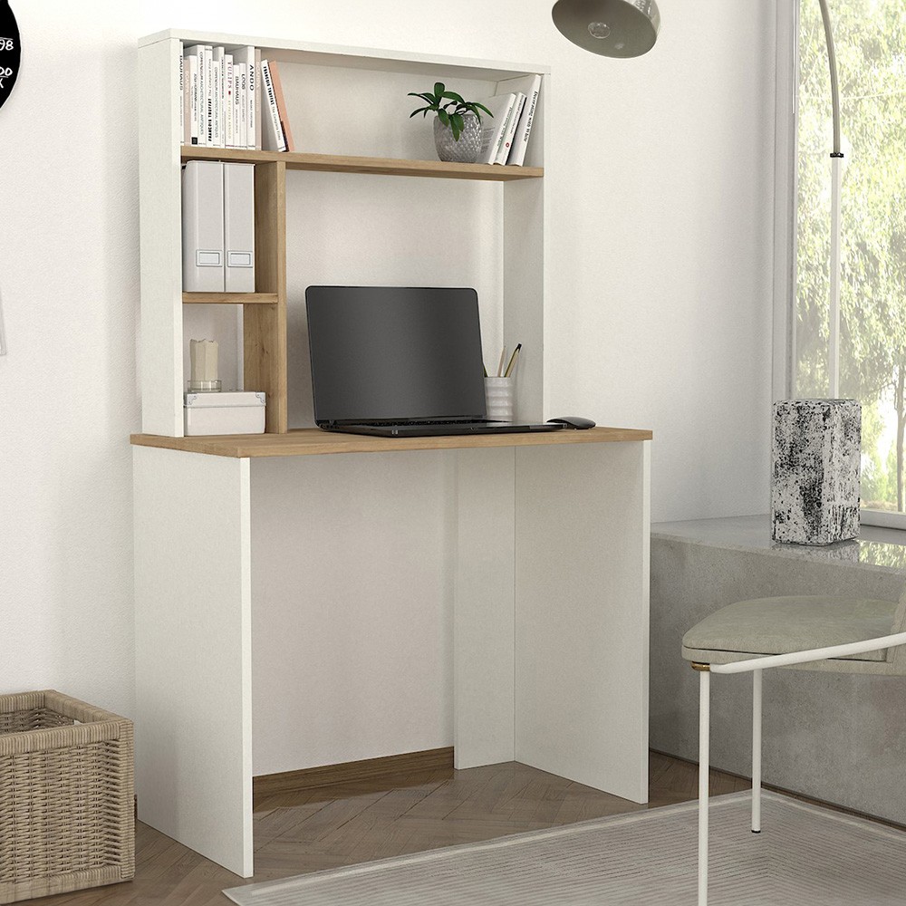 White Office Desk with Shelves, 90x45x148cm, Wood, Ester