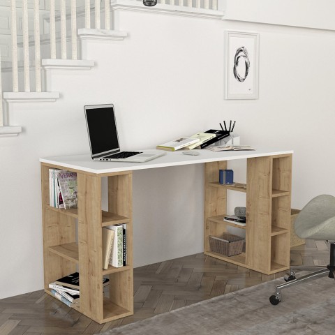 White wooden office study desk 6 shelves 140x60x75cm Leonardo Promotion