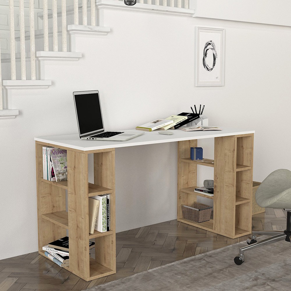 White Office Desk with 6 Shelves, 140x60x75cm, Leonardo