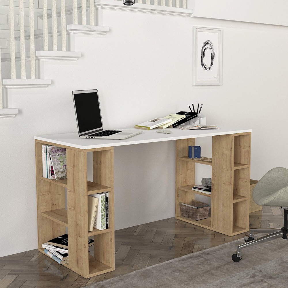 White wooden office study desk 6 shelves 140x60x75cm Leonardo