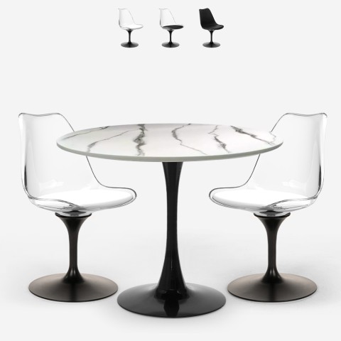 Round table set 80cm Tulipan marble effect 2 chairs black and white Lapis Promotion