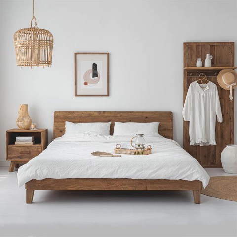 King size double bed 180x200cm with rustic wood headboard Meryl Promotion