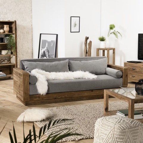 Sofa 3 seats rustic wood 225x81x81cm cushions fabric grey Morgan Promotion