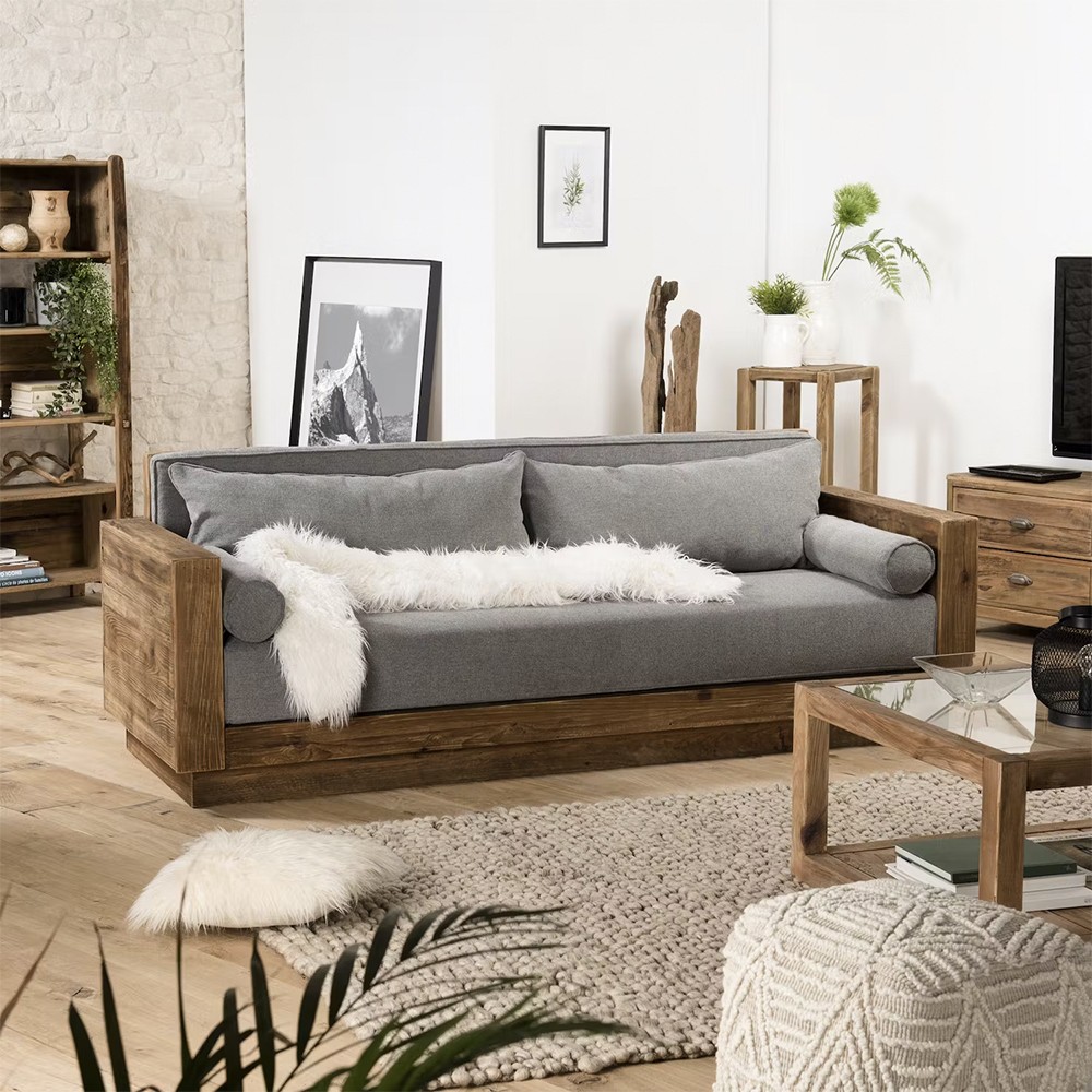 Sofa 3 seats rustic wood 225x81x81cm cushions fabric grey Morgan