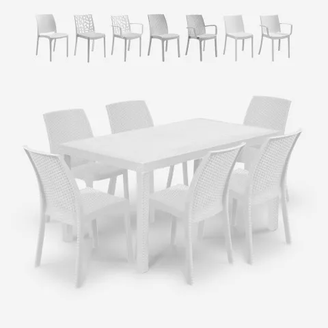 Garden Outside Table Set Rattan 150x90cm 6 Chairs White Meloria Light Promotion